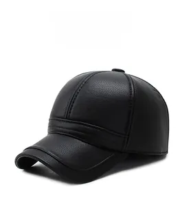 Detail view of black PU leather baseball cap with premium stitching and winter insulation