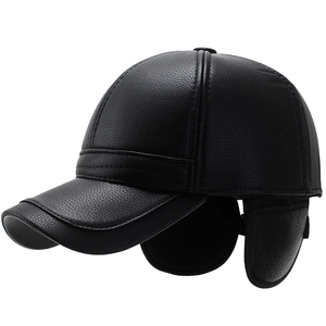 Winter faux leather baseball cap for men with ear flaps and warm thick fleece lining