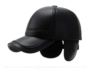 Side view of winter PU leather baseball cap with ear flaps and lychee texture