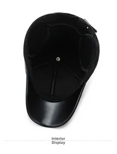 Detailed top view of the inner lining and sweatband of this black PU leather winter cap