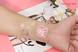 Cosmetic glitter gel in Rouge Red 11 featuring mixed hearts and gold-pink sequins
