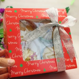 Red Christmas cupcake box with window, silver ribbon bow and Merry Christmas print