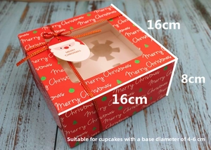 Christmas cupcake box for 4 pieces with red Merry Christmas prints and top window