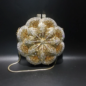 Exquisite hollow rose flower evening clutch bag with gold and silver crystal rhinestones