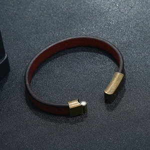 Minimalist men's dark brown leather bracelet with vintage bronze magnetic clasp