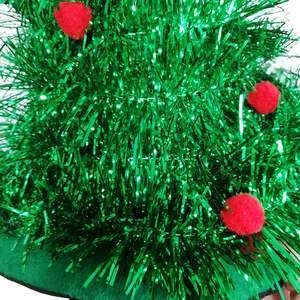 Festive Christmas tree hat with green tinsel texture and red plush decorative pom-poms