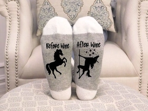 Funny cotton socks with creative Before Wine and After Wine text on the soles