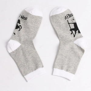 Detail of grey cotton mid-calf socks with horse graphic and Wine After knit text