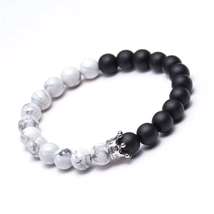 8mm White Turquoise and Matte Black Bead Bracelet with Silver Zircon Crown Accent