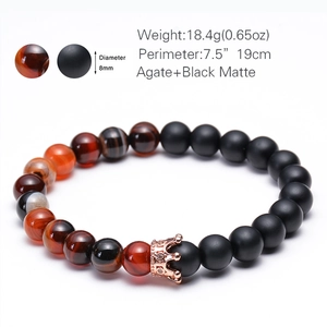 8mm black matte and agate beaded bracelet with rose gold crown charm and measurements