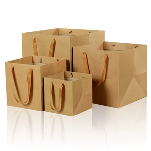 Square bottom kraft paper gift bags with reinforced handles in four assorted sizes