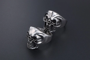 Detailed close-up of retro punk skull ring featuring vintage oxidized steel craftsmanship