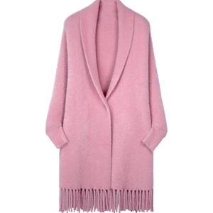 Pink faux mink fur cape coat with wide collar and fringe tassels on white background