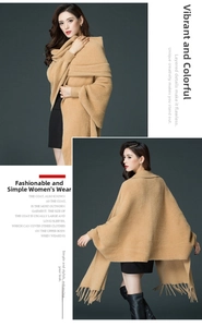 Detail of camel knitted poncho featuring thick faux mink fur texture and fringe tassels