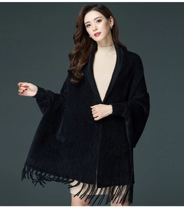 Elegant black faux mink fur shawl cardigan with stylish fringe hem detail and sleeves