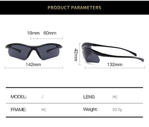 Detailed size chart and specifications for PC frame cycling sports sunglasses