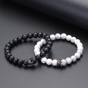 Lava stone and white turquoise couple bracelets with micro-pave zircon crown charms