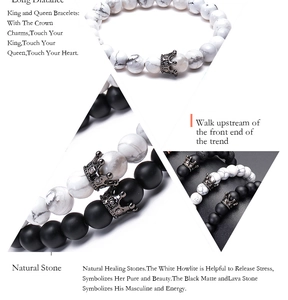 Detailed close-up of volcanic lava stone and white howlite beaded bracelets with crown charms