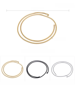 Three-color 3mm stainless steel box chain necklaces showing 605mm length and dimensions