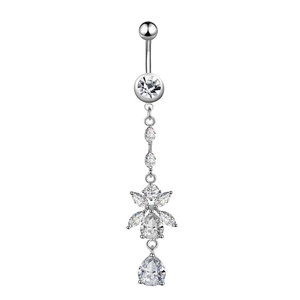 Detailed view of silver navel ring featuring marquise and pear cut sparkling zircons