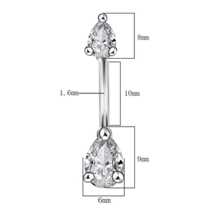 Silver belly button ring with pear-cut zircon and detailed size measurements display