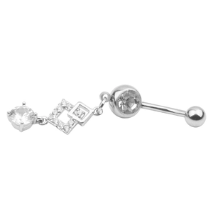 Detail of silver belly ring featuring interlocking rhombus pendants and cubic zirconia