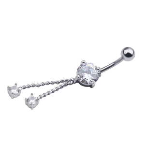 Polished silver belly button ring featuring clear round zircon stones and double chains