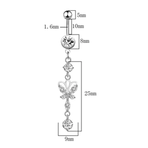 Detailed size chart for crystal butterfly belly ring with exact measurements in mm