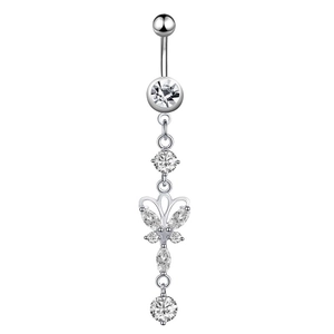 Detail view of silver belly ring with zircon butterfly pendant and hanging tassels