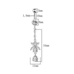 Detailed dimensions of silver navel ring with teardrop and leaf zircon pendants