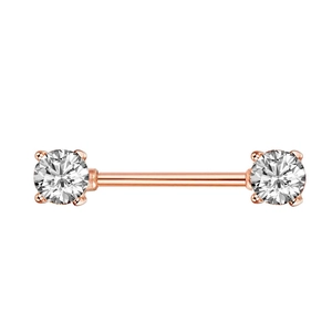 Detail of rose gold nipple barbell featuring four-prong set white zircon stones