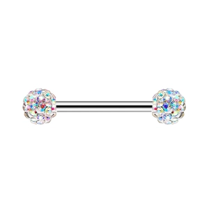Macro view of silver barbell nipple ring featuring sparkling iridescent AB crystal balls