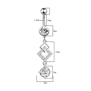 Detailed size chart of silver belly ring with clear zircon rhombic pendants