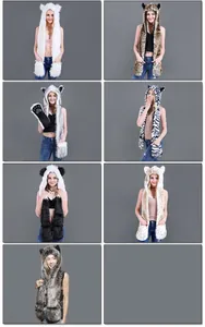 Detailed grid of animal faux fur 3-in-1 hoods featuring hats, scarves, and paw gloves