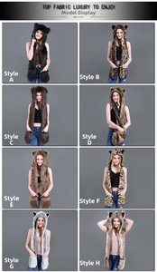 Detail view of 8 faux fur animal hoods showing different patterns like leopard and wolf