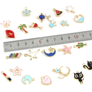 Assorted colorful enamel DIY pendants with gold alloy base and size measurement guide