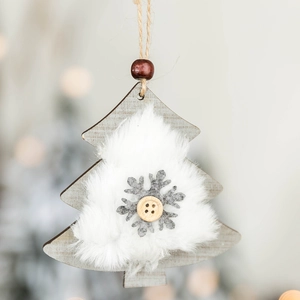 Wooden Christmas tree pendant with faux fur trim and grey felt snowflake ornament
