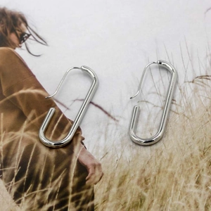 Close-up of polished silver oval paperclip earrings on a minimalist artistic background