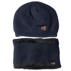 Men's dark blue winter knit hat and neck warmer set with leaf leather patch and plush lining