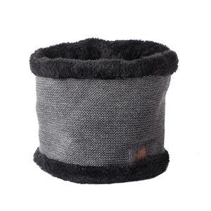 Close-up of gray knit neck warmer with thick black fleece lining and maple leaf detail
