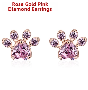 Pink cubic zirconia rose gold cat paw stud earrings with symmetrical mirror reflection