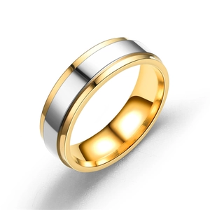 Polished two-tone gold and silver stainless steel stepped wedding ring for couples