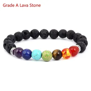 Lava stone chakra bracelet with seven colorful natural beads and silver metal spacers