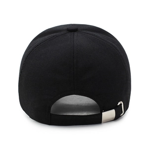Rear view of classic black cotton baseball cap showing metal adjustable buckle