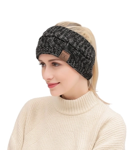 Detail of dark grey cable knit headband with CC leather patch on a female model