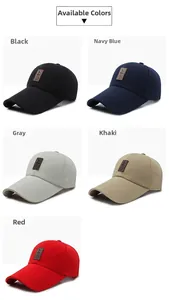 Grid view of cotton baseball caps in black, navy, grey, khaki, and red with leather patches