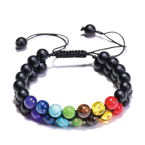 Double-layer matte black stone bracelet with seven colorful chakra beads and woven cord