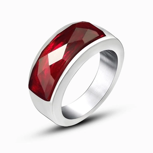 Polished stainless steel ring with a large rectangular red gemstone in a bridge setting