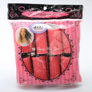 6er-Set rosa Schwamm-Lockenwickler mit schwarzen Clips in einer klaren Tasche