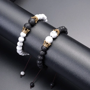 Detail of 8mm lava rock and white turquoise crown bracelets with adjustable drawstring